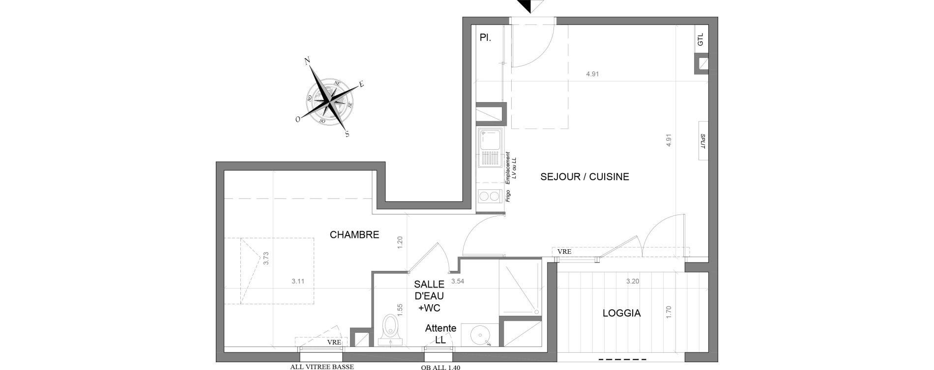 Appartement T2 de 42,79 m2 &agrave; Toulouse Malep&egrave;re