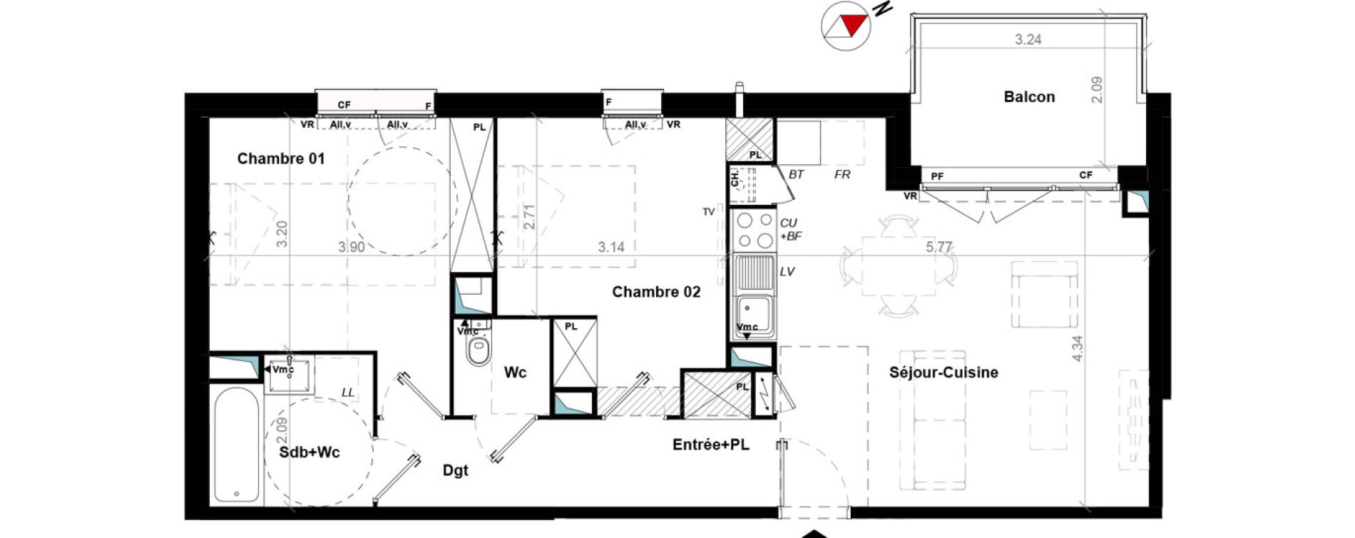 Appartement T3 de 62,72 m2 &agrave; Toulouse Ponts jumeaux