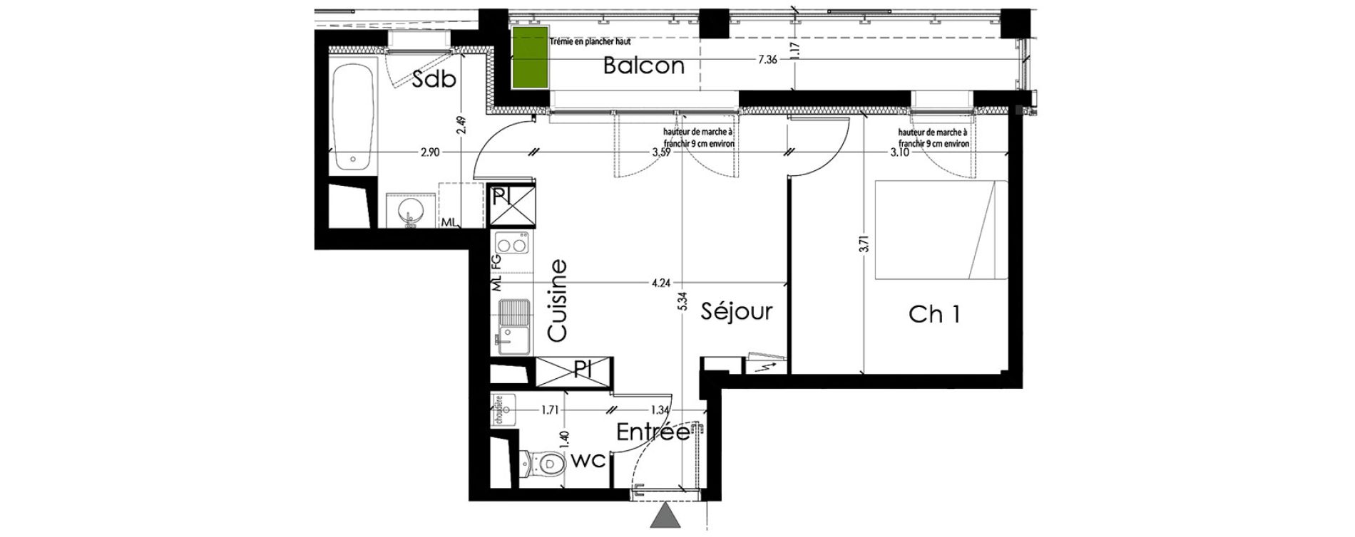 Appartement T2 de 36,25 m2 &agrave; Toulouse Borderouge