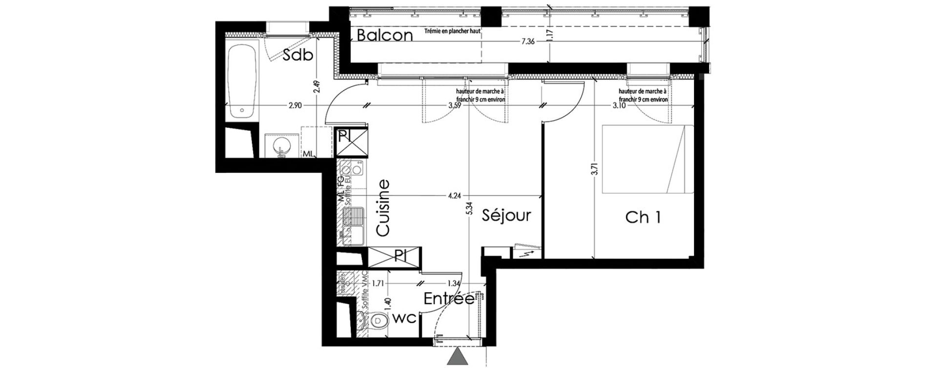 Appartement T2 de 36,25 m2 &agrave; Toulouse Borderouge