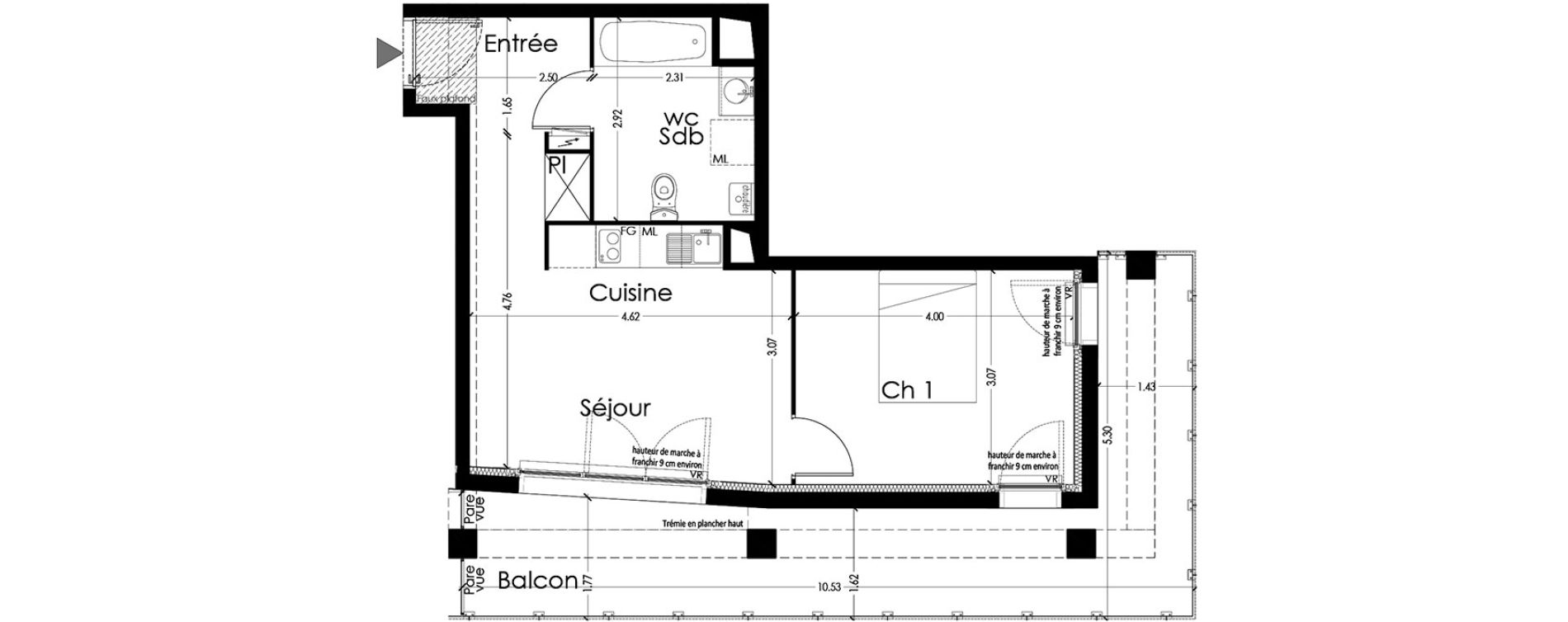 Appartement T2 de 40,36 m2 &agrave; Toulouse Borderouge