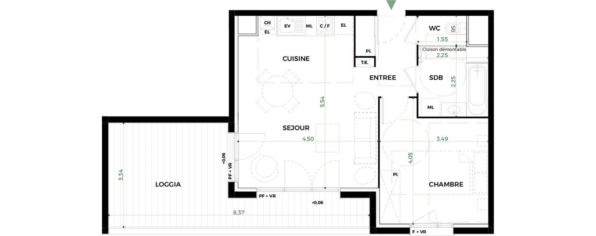 Appartement T2 de 46,58 m2 &agrave; Toulouse Saint-martin-du-touch