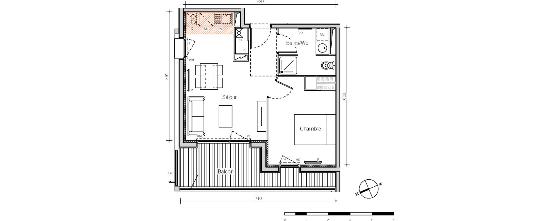 Appartement T2 de 39,25 m2 &agrave; Toulouse Saint-simon