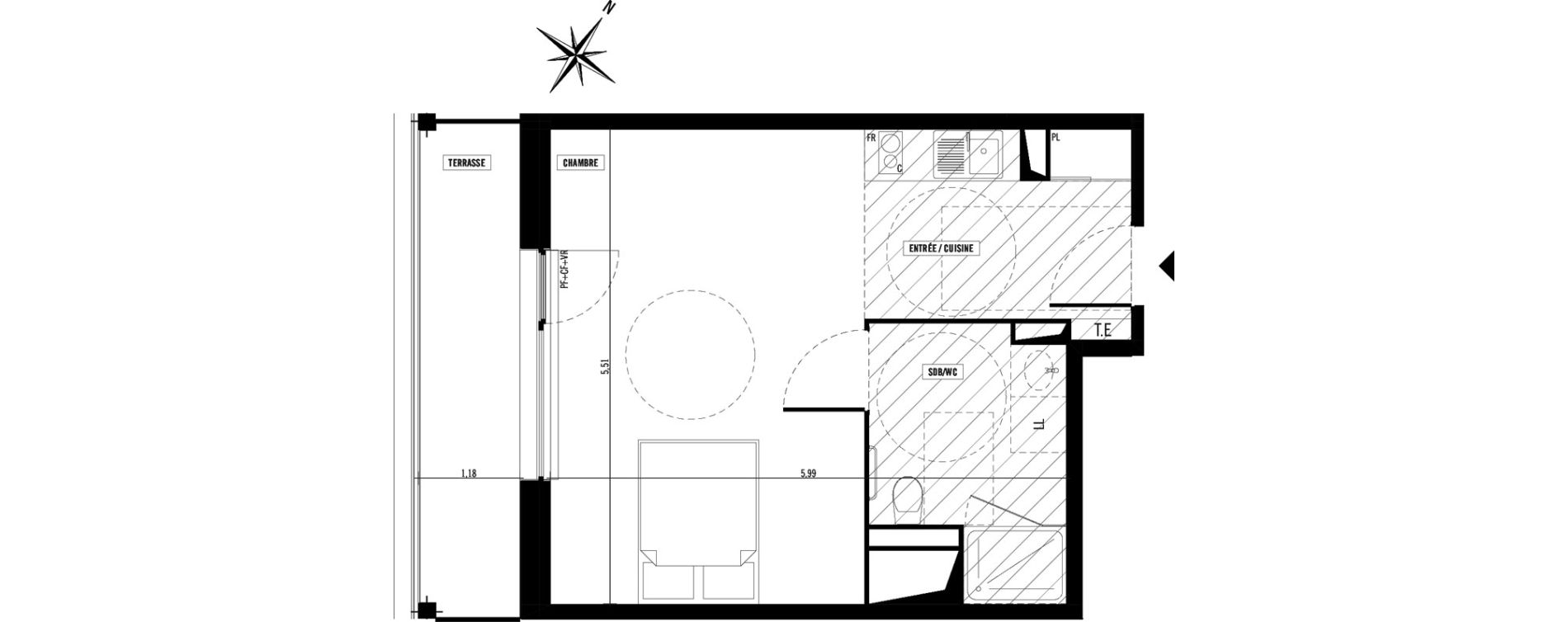 Appartement T1 meubl&eacute; de 33,60 m2 &agrave; Toulouse Argoulets