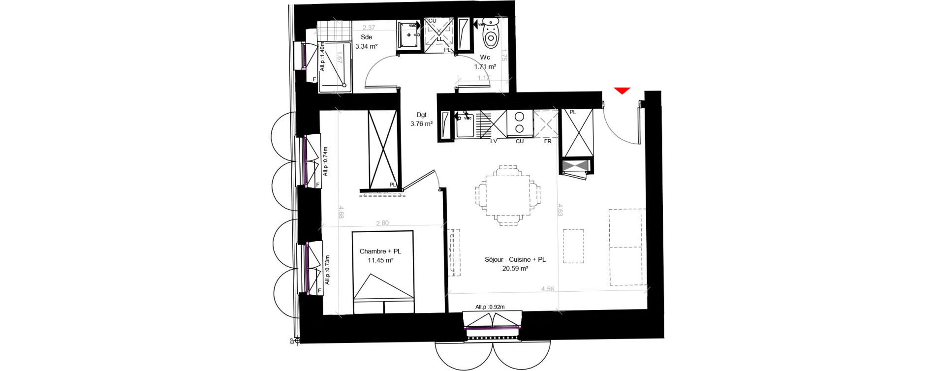 Appartement T2 de 40,56 m2 &agrave; Toulouse Marcaissonne