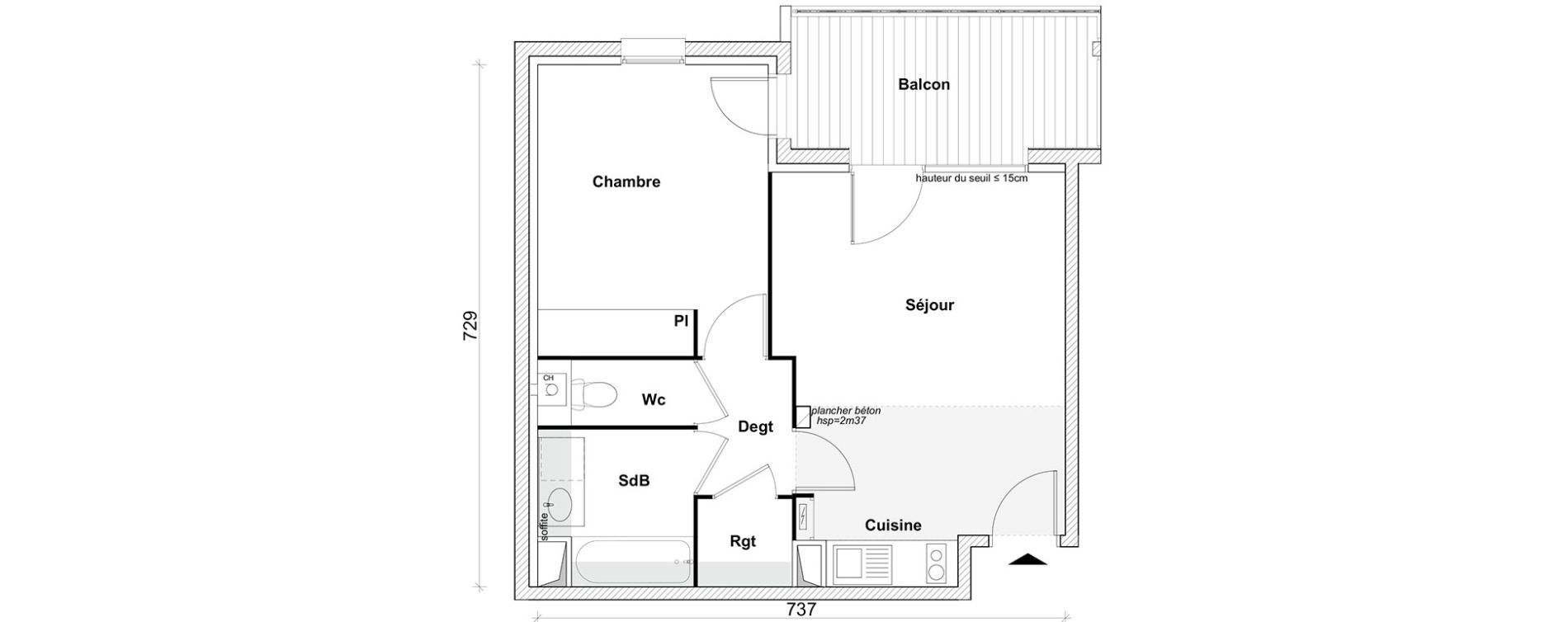 Appartement T2 de 46,41 m2 &agrave; Toulouse Saint-simon