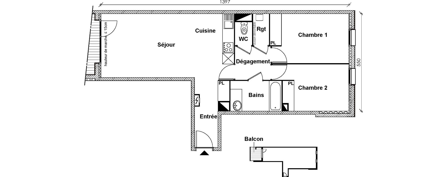 Appartement T3 de 67,14 m2 &agrave; Toulouse Montaudran