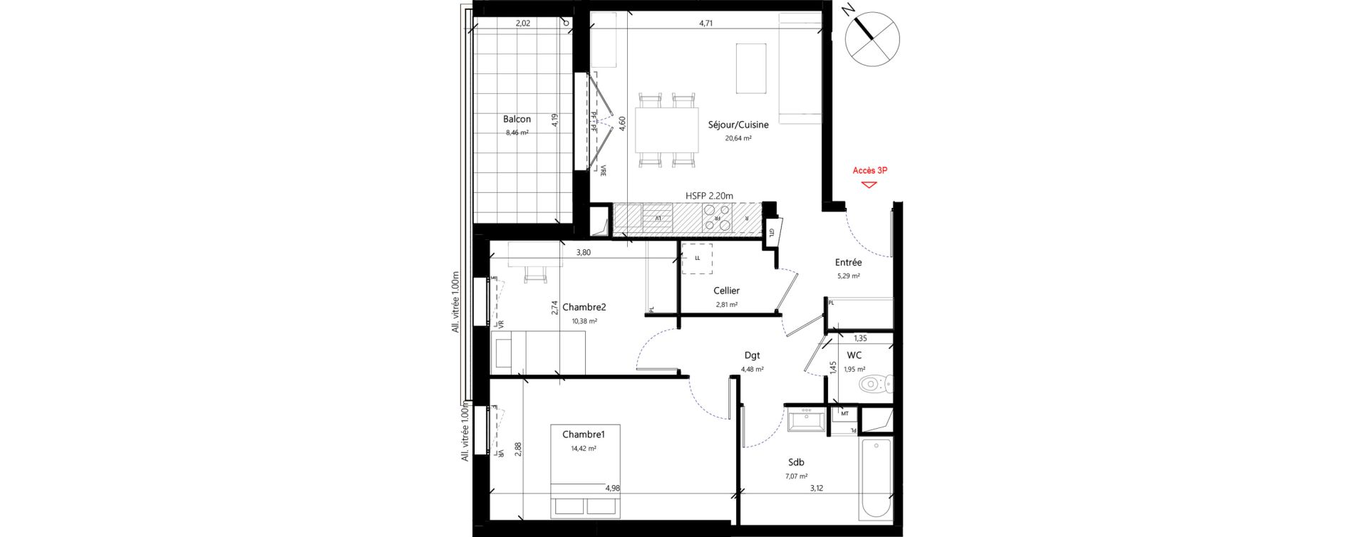Appartement T3 de 67,04 m2 &agrave; Toulouse Malep&egrave;re