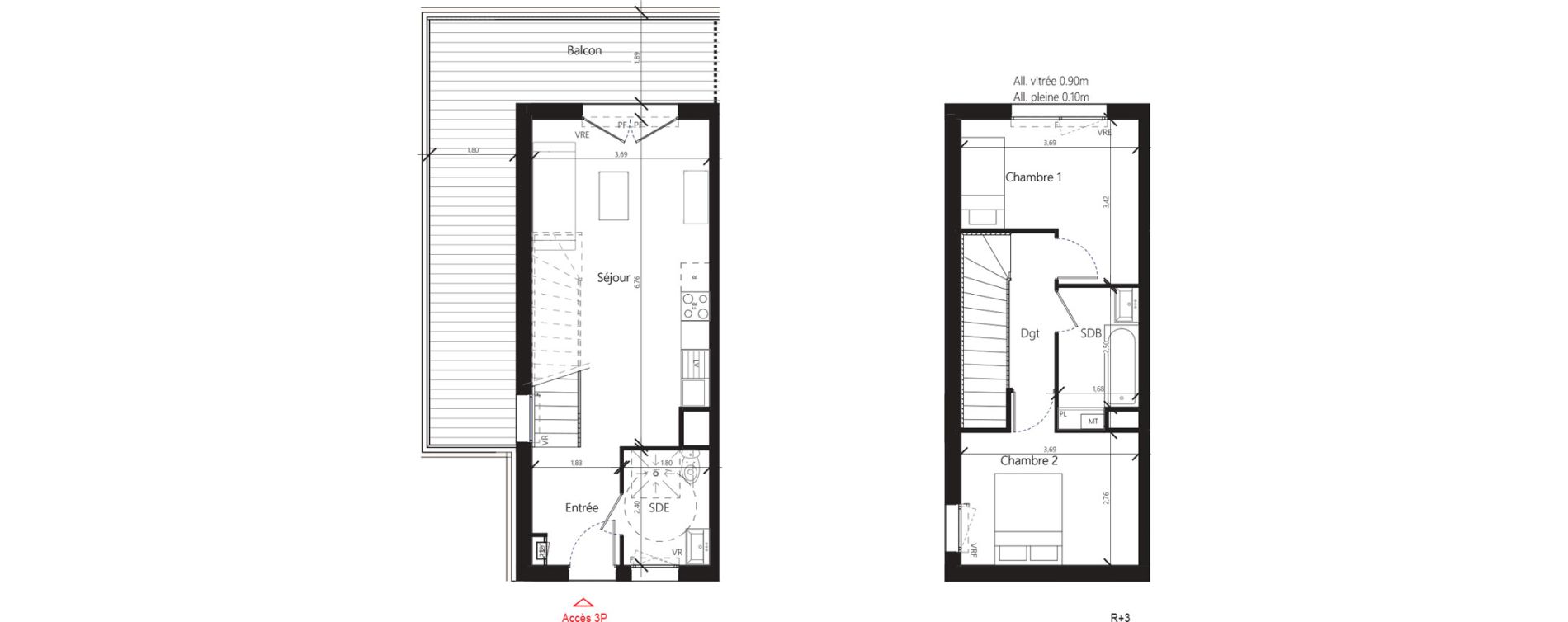 Appartement T3 de 59,50 m2 &agrave; Toulouse Malep&egrave;re