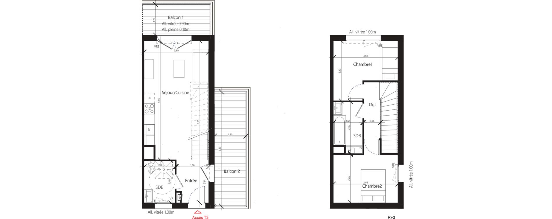 Appartement T3 de 59,50 m2 &agrave; Toulouse Malep&egrave;re