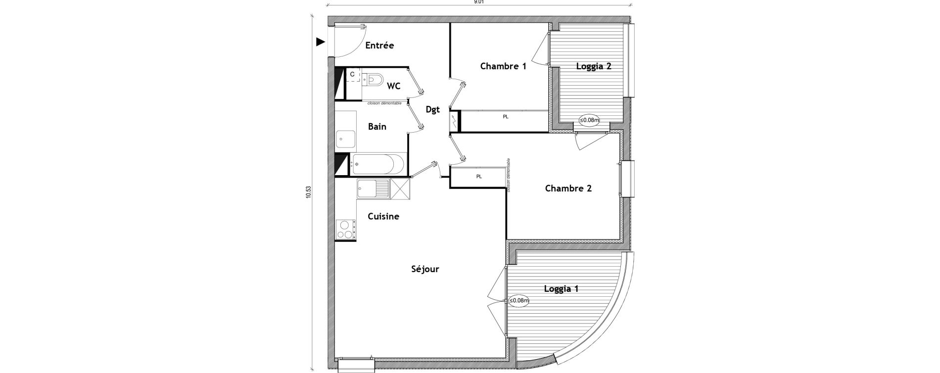 Appartement T3 de 63,92 m2 &agrave; Toulouse Patte d'oie