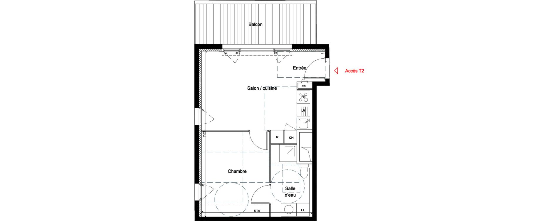 Appartement T2 de 37,80 m2 &agrave; Toulouse Les ar&egrave;nes