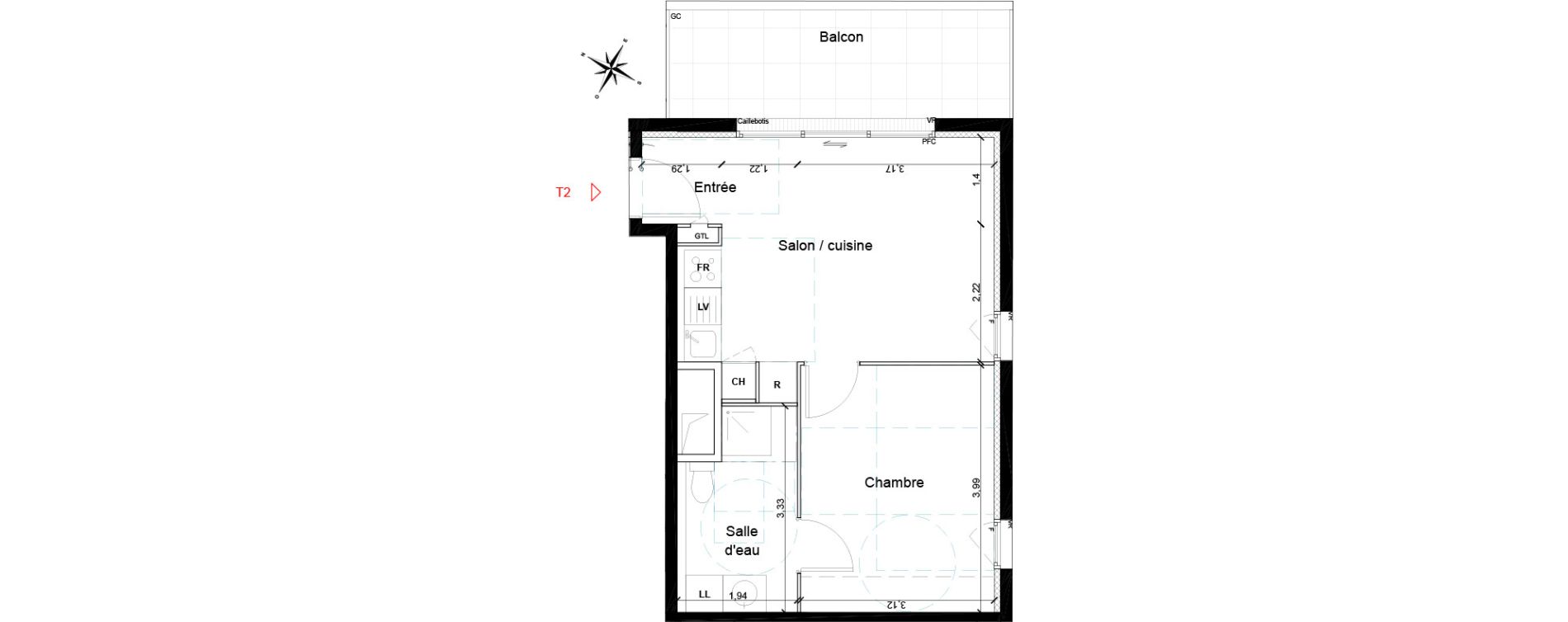 Appartement T2 de 37,80 m2 &agrave; Toulouse Les ar&egrave;nes