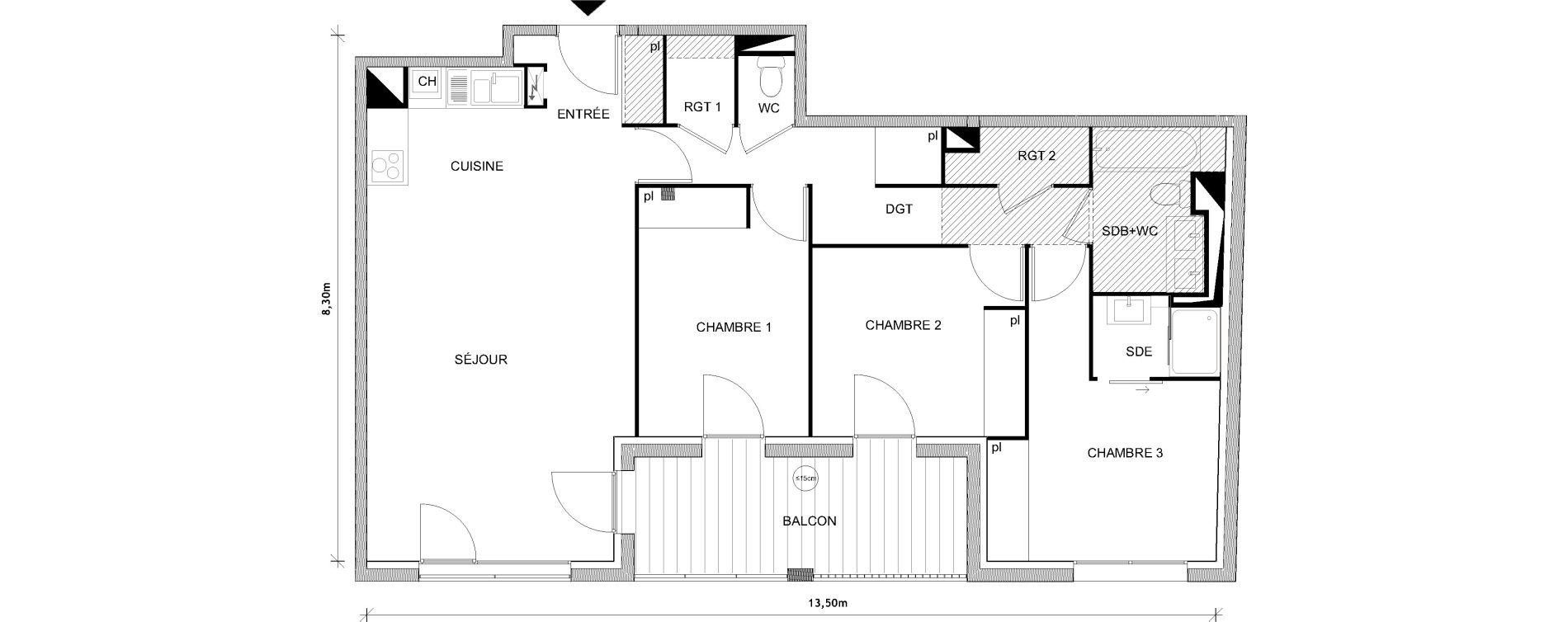 Appartement T4 de 86,25 m2 &agrave; Toulouse Croix daurade