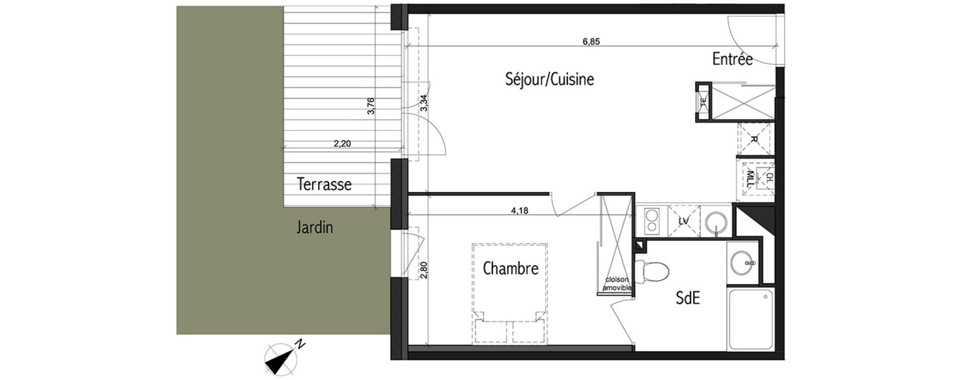  Appartement  T2  de 41 20 m2 RDC SO Les Jardins de Jos phine 