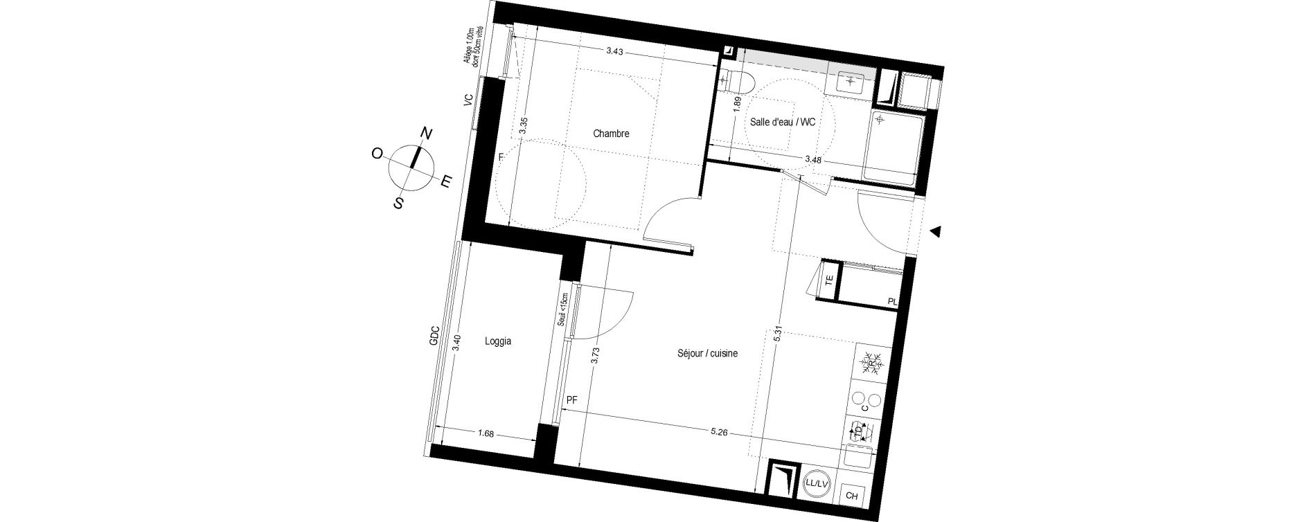 Appartement T2 de 41,91 m2 &agrave; Toulouse Trois cocus