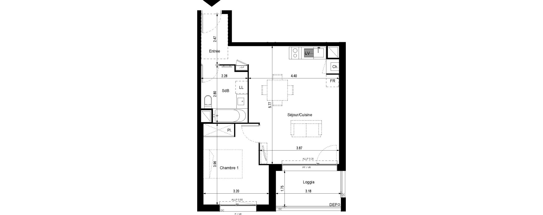 Appartement T2 de 45,49 m2 &agrave; Toulouse Ginestous