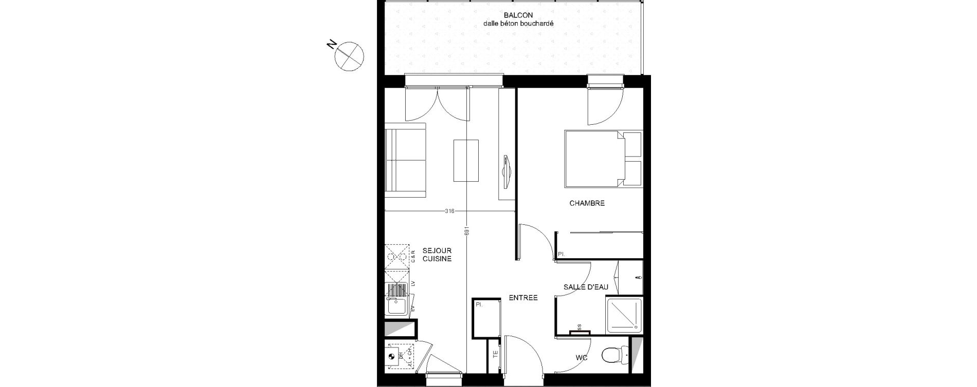 Appartement T2 de 41,42 m2 &agrave; Toulouse Croix daurade