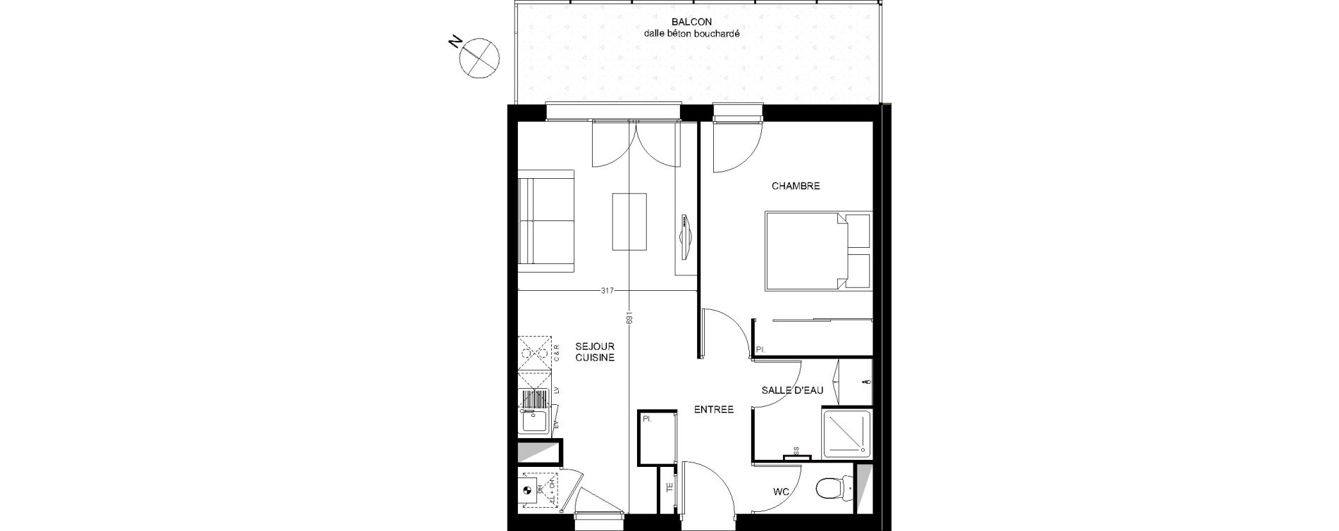 Appartement T2 de 41,48 m2 &agrave; Toulouse Croix daurade