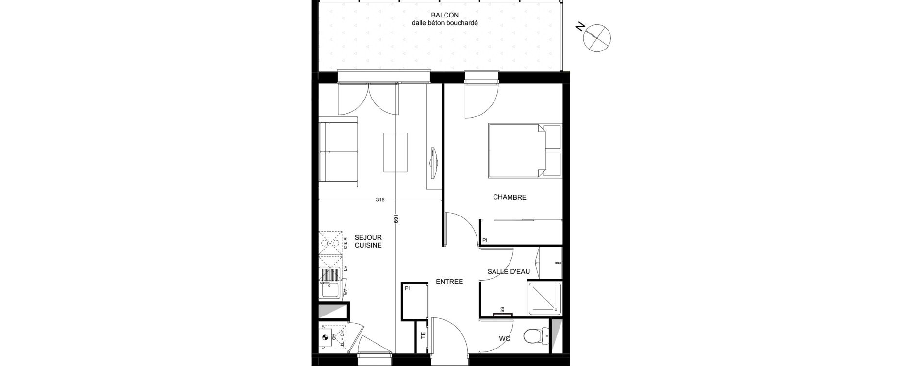 Appartement T2 de 41,42 m2 &agrave; Toulouse Croix daurade