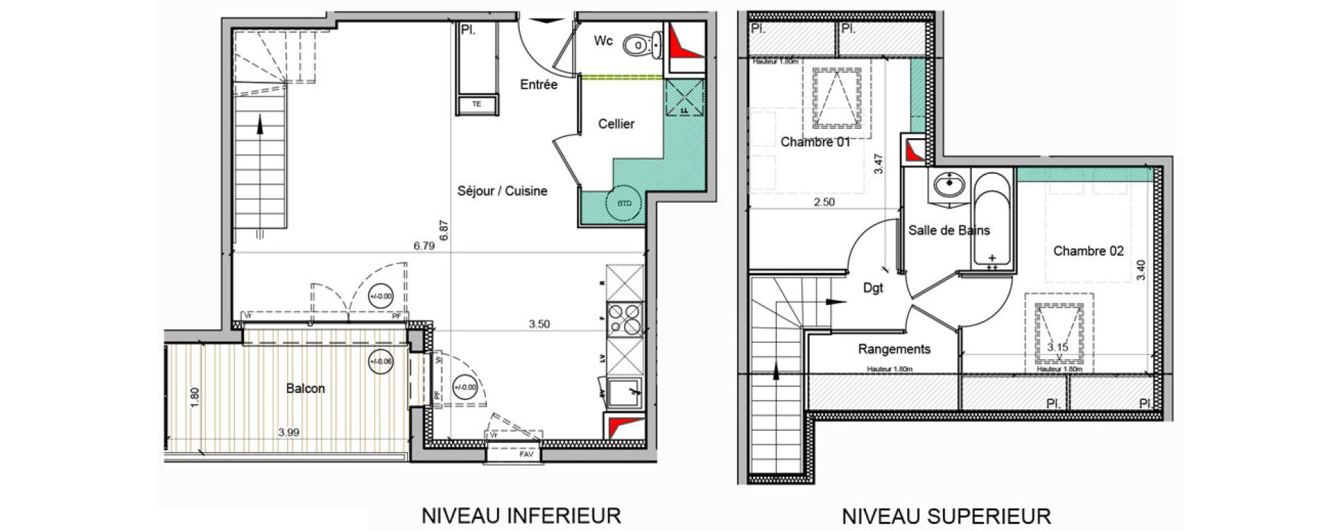 Duplex T3 de 64,00 m2 &agrave; Toulouse Minimes