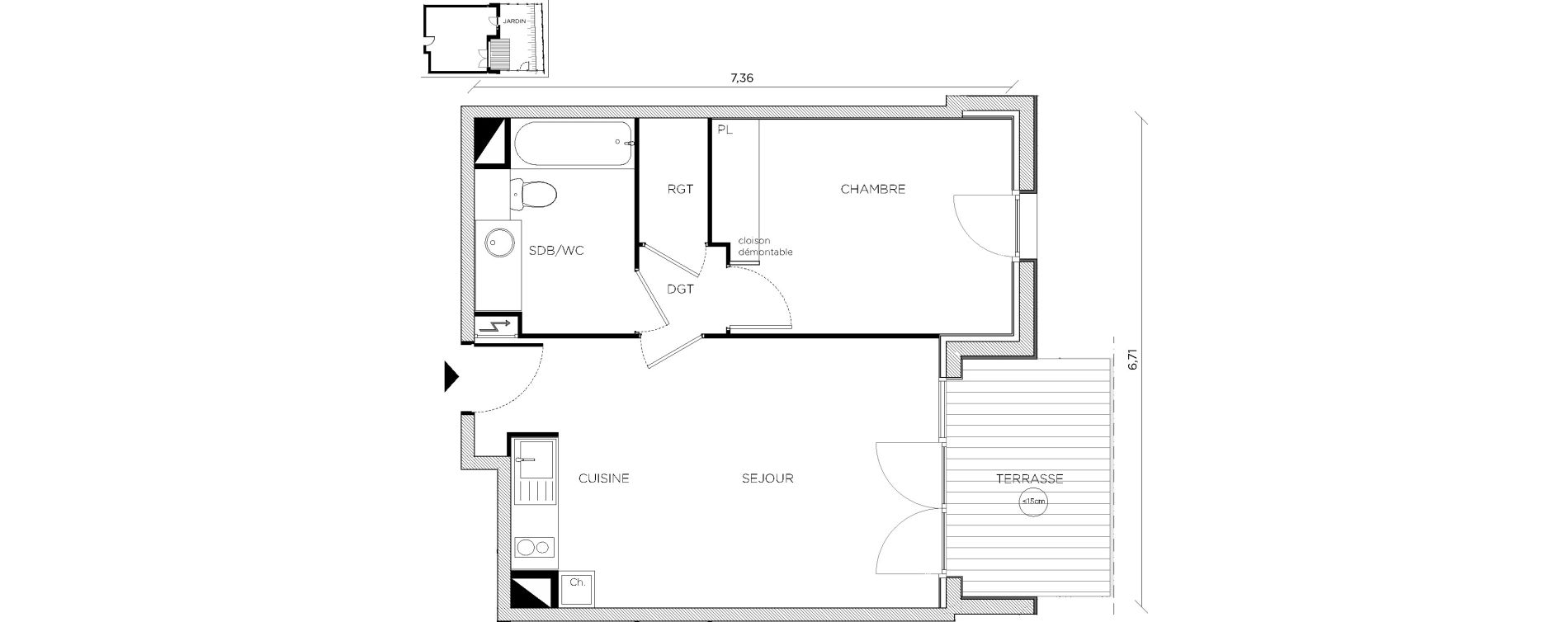 Appartement T2 de 42,89 m2 &agrave; Toulouse Croix daurade