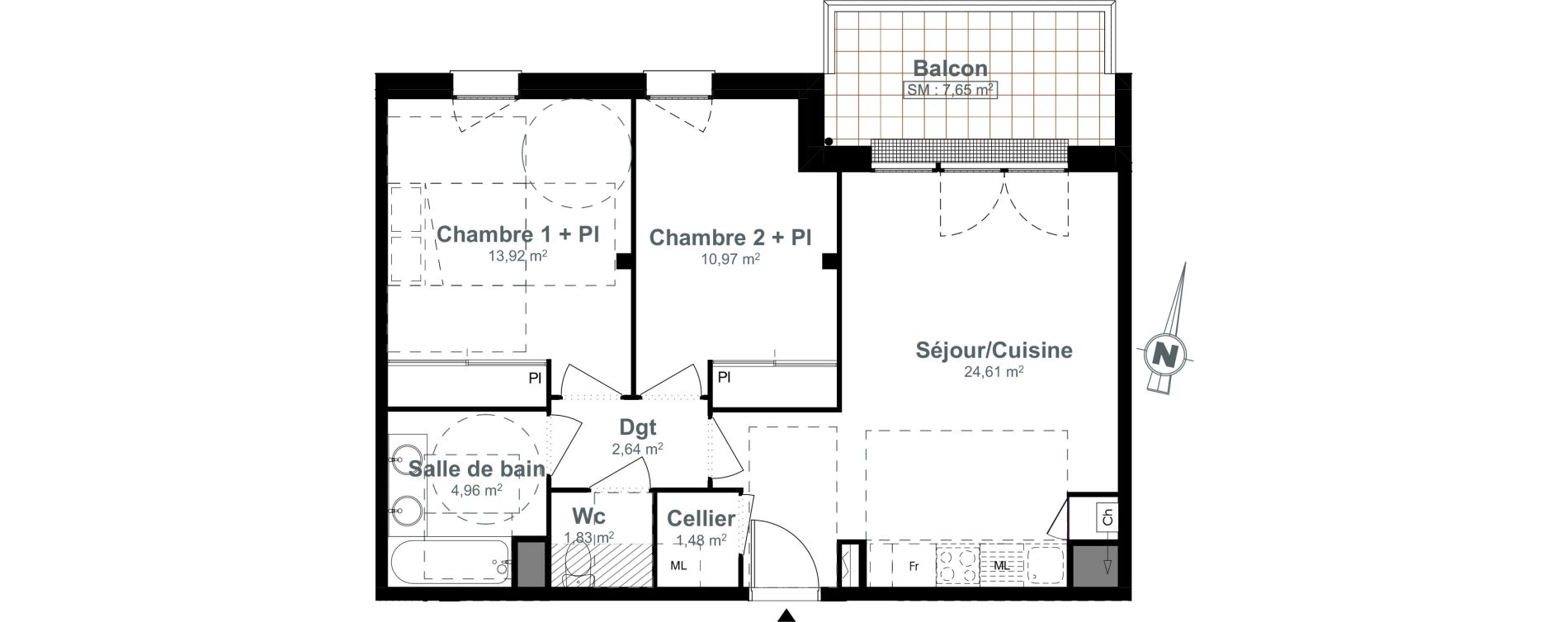 Appartement T3 de 60,41 m2 &agrave; Toulouse Purpan