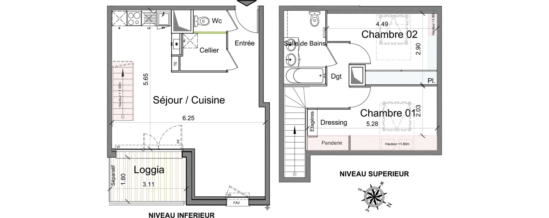 Duplex T3 de 63,77 m2 &agrave; Toulouse Marcaissonne