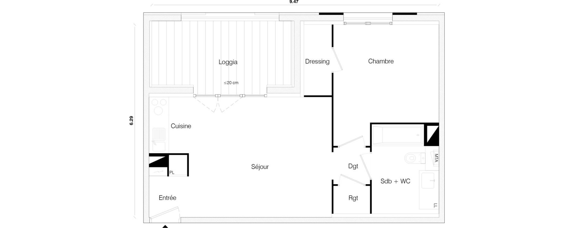 Appartement T2 de 45,62 m2 &agrave; Toulouse Malep&egrave;re