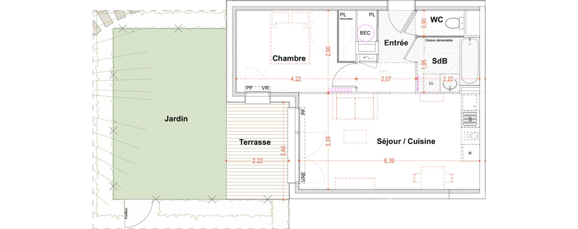 Appartement T2 de 45,02 m2 &agrave; Toulouse Marcaissonne