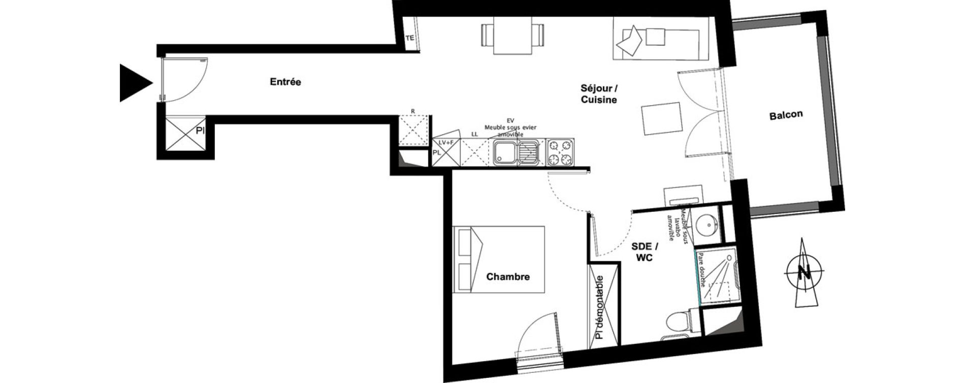 Appartement T2 meubl&eacute; de 49,70 m2 &agrave; Toulouse Croix daurade