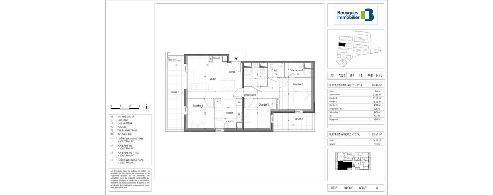 Appartement T4 de 81,48 m2 &agrave; Toulouse Malep&egrave;re