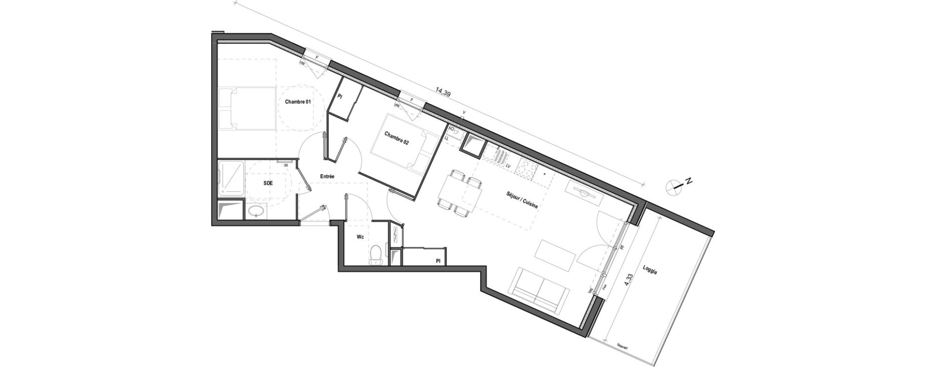 Appartement T3 de 60,98 m2 &agrave; Toulouse Borderouge