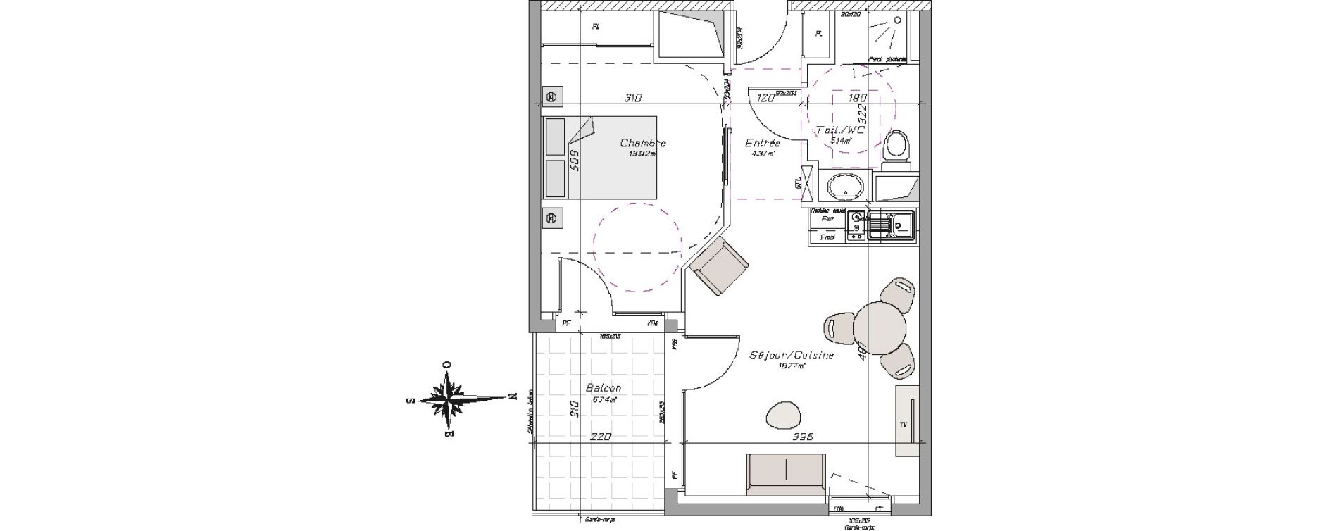 Appartement T2 meublé de 42,20 m2 à Tarbes Centre