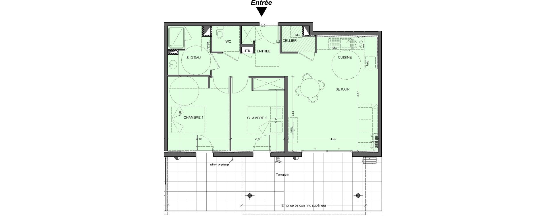 Appartement T3 de 64,21 m2 &agrave; B&eacute;ziers Les parcs du frigoulas