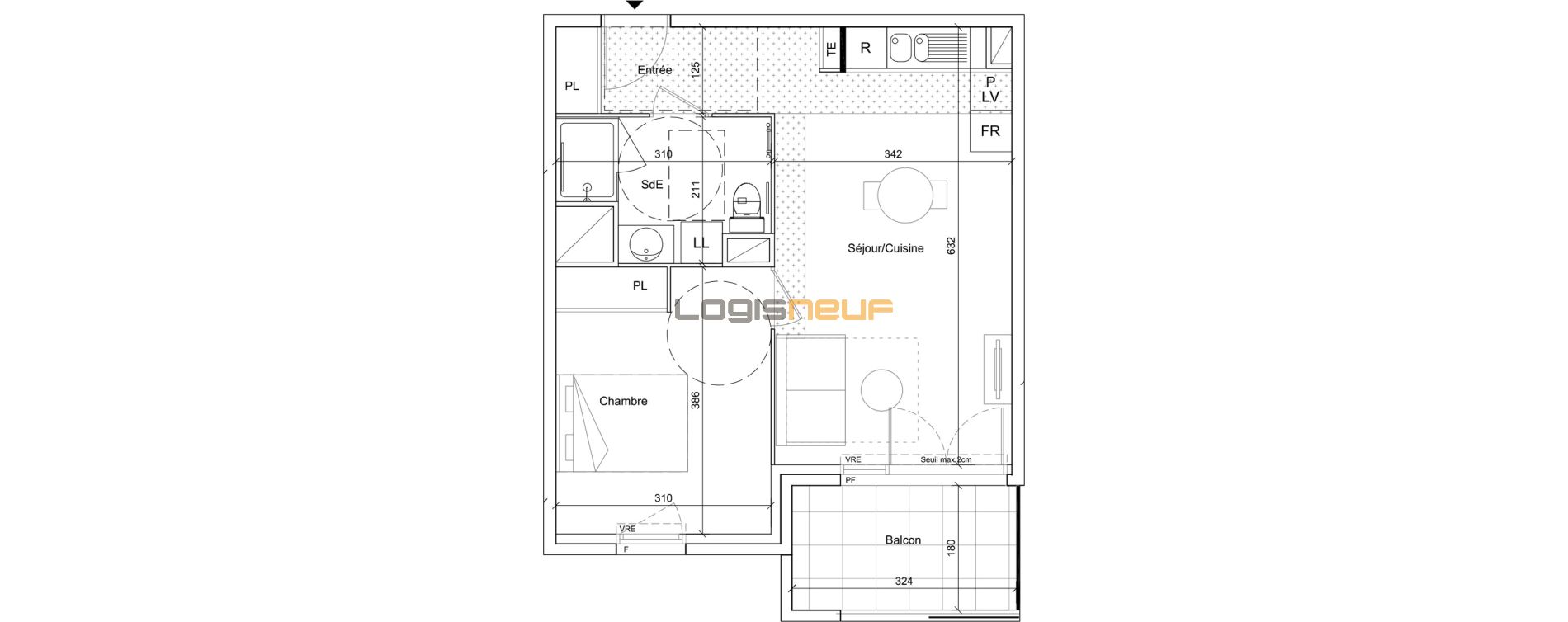 Plan appartement T2 de 42,45 m² neuf, résidence « Canal du Midi » à Béziers