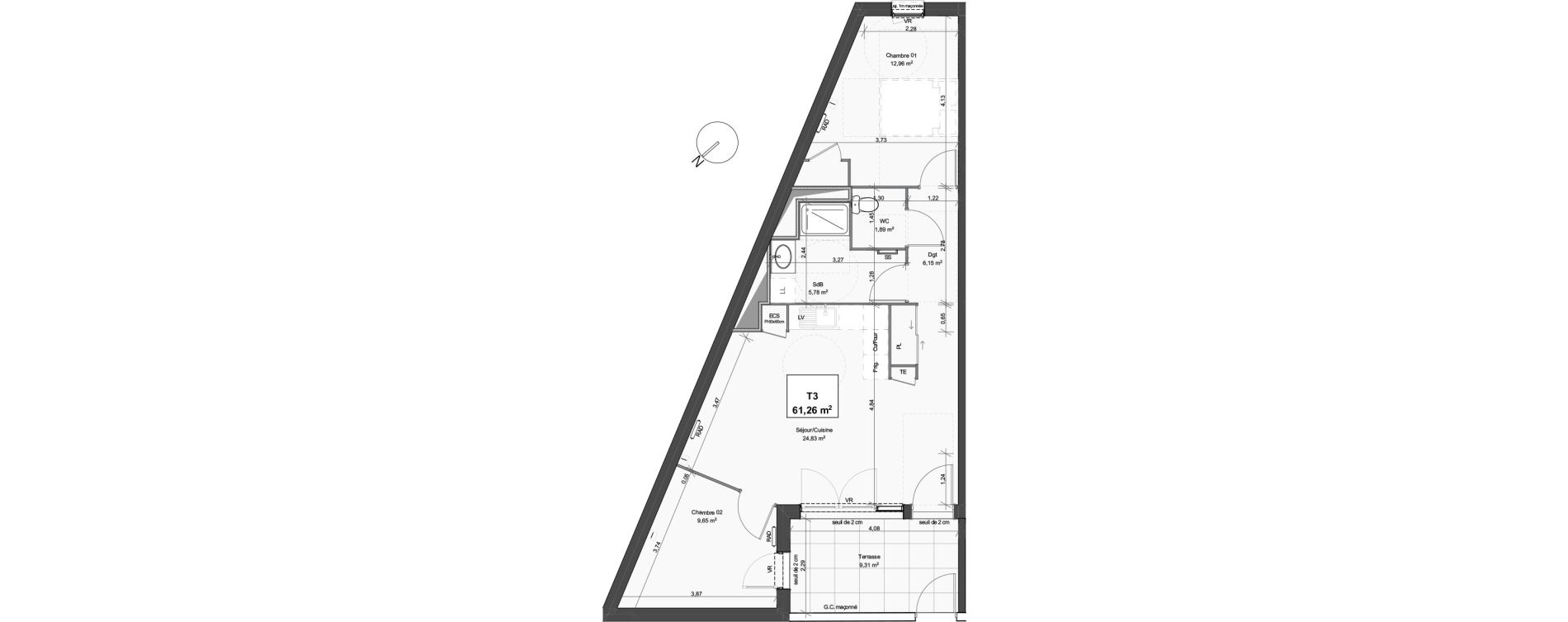 Appartement T3 de 61,26 m2 &agrave; Grabels La valsi&egrave;re