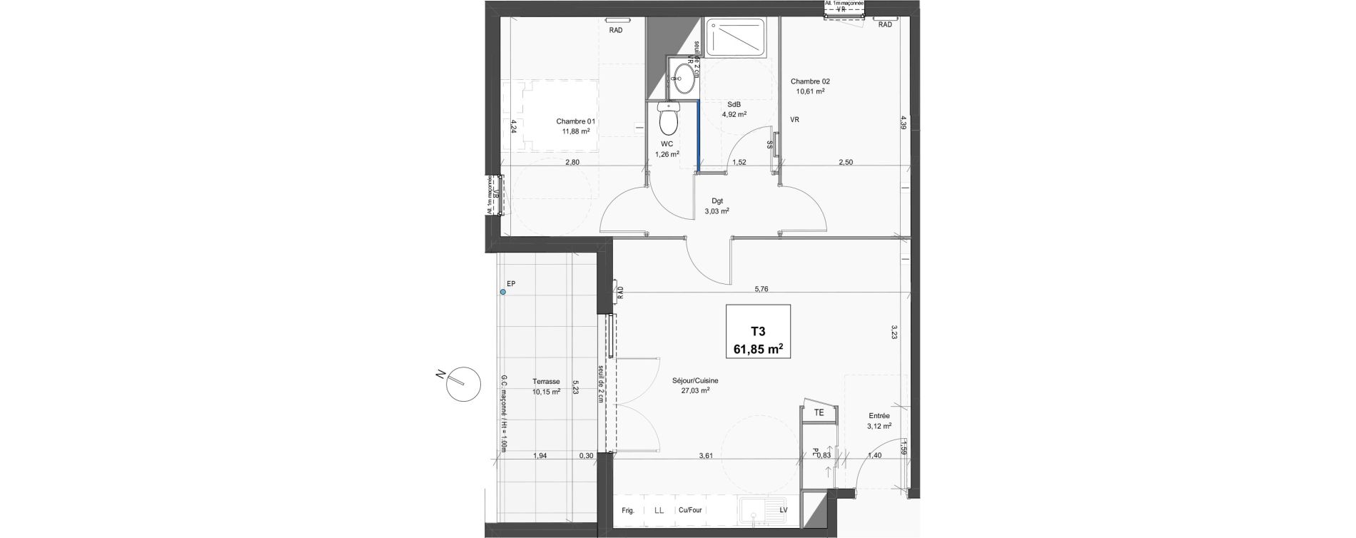 Appartement T3 de 61,85 m2 &agrave; Grabels La valsi&egrave;re