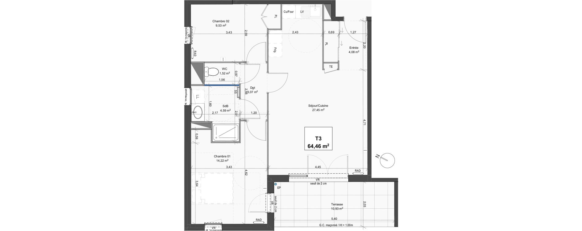 Appartement T3 de 64,46 m2 &agrave; Grabels La valsi&egrave;re
