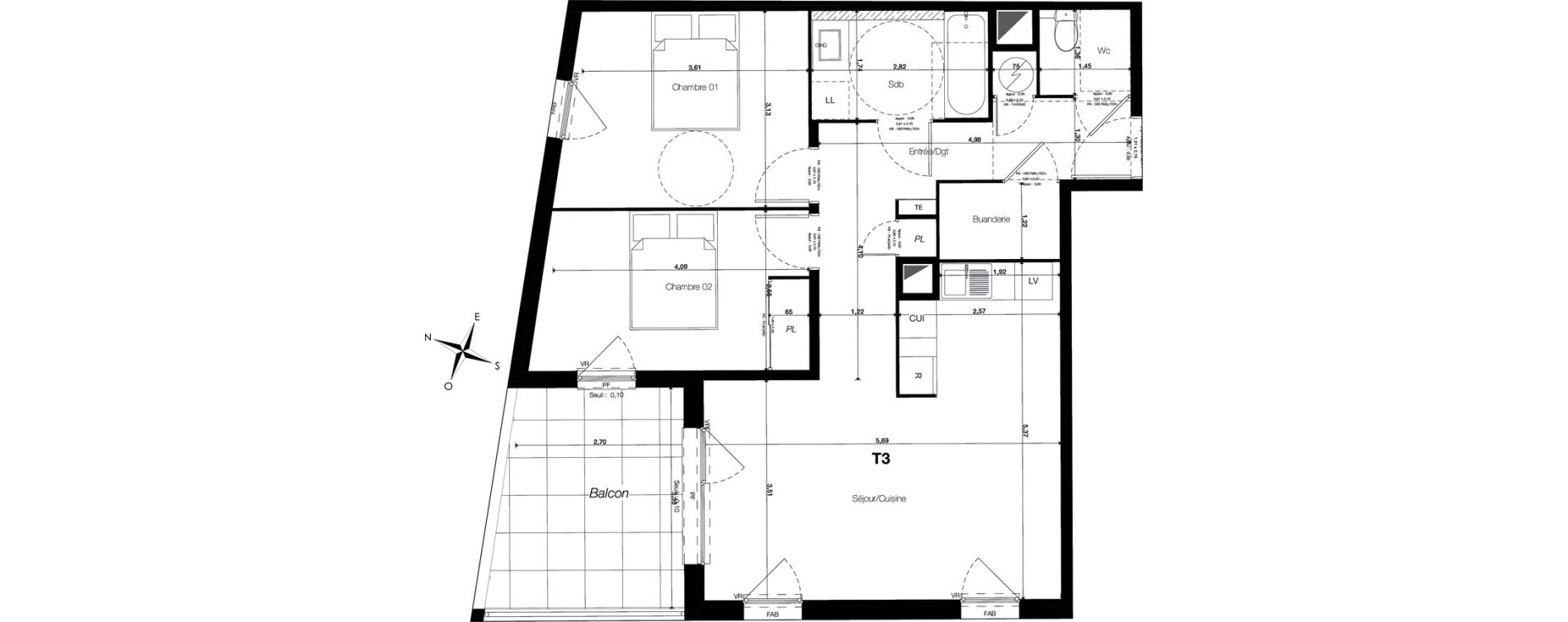Appartement T3 de 67,30 m2 &agrave; Grabels Centre