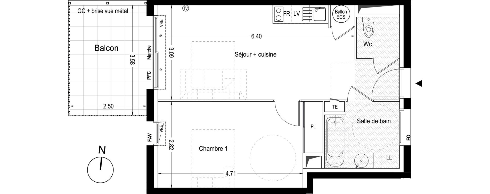 Appartement T2 de 42,85 m2 &agrave; Lunel Louis abric zone sud