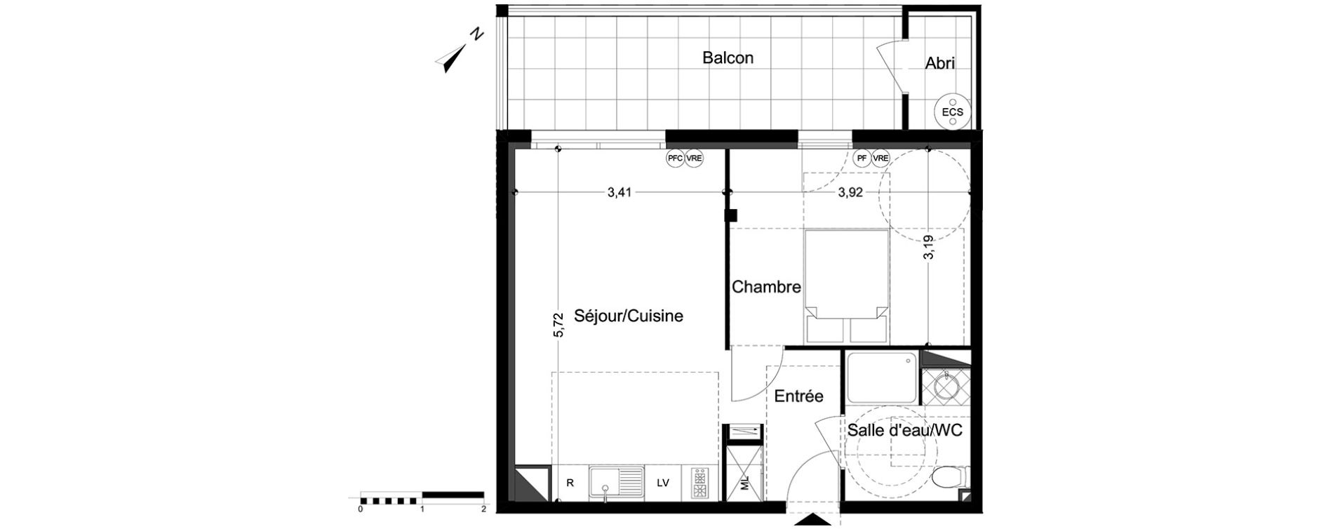 Appartement T2 de 40,68 m2 &agrave; M&egrave;ze Centre