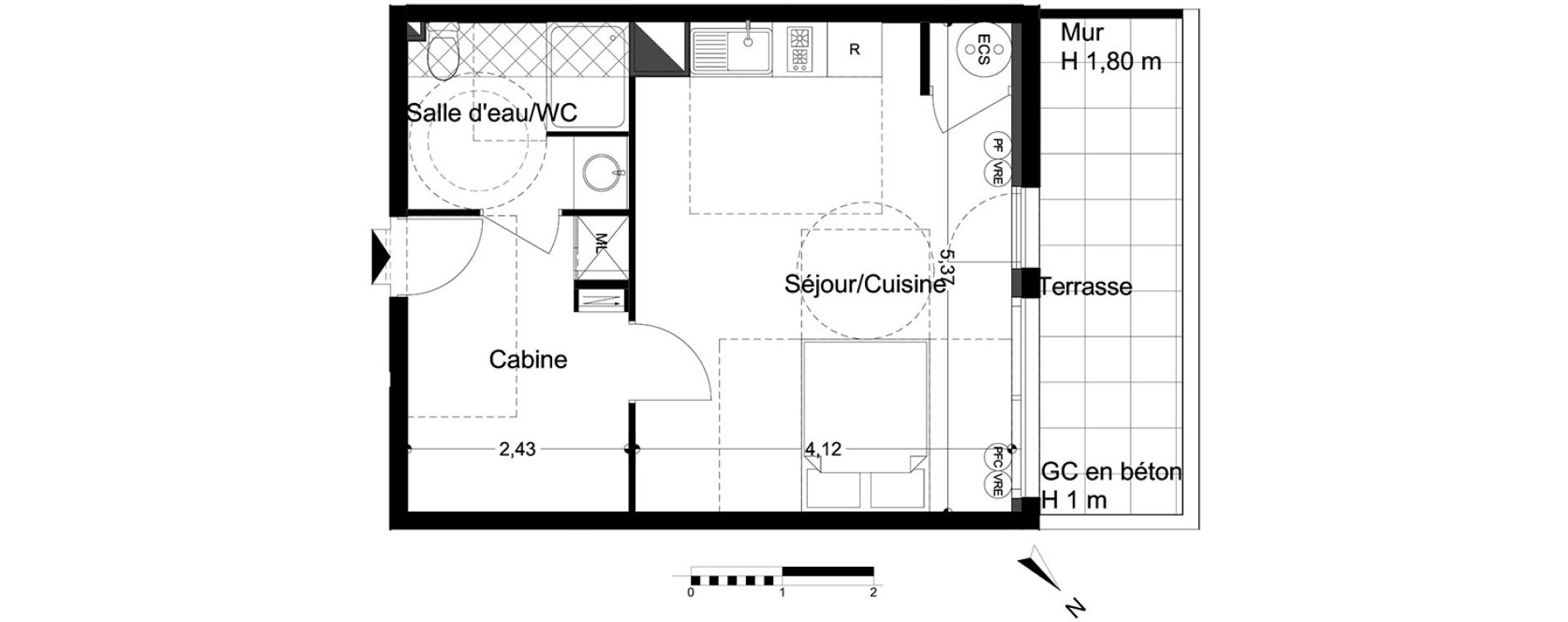 Appartement T1 de 34,17 m2 &agrave; M&egrave;ze Centre