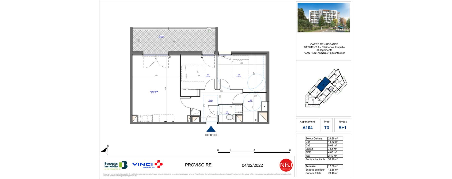 Appartement T3 de 58,10 m2 &agrave; Montpellier La restanque