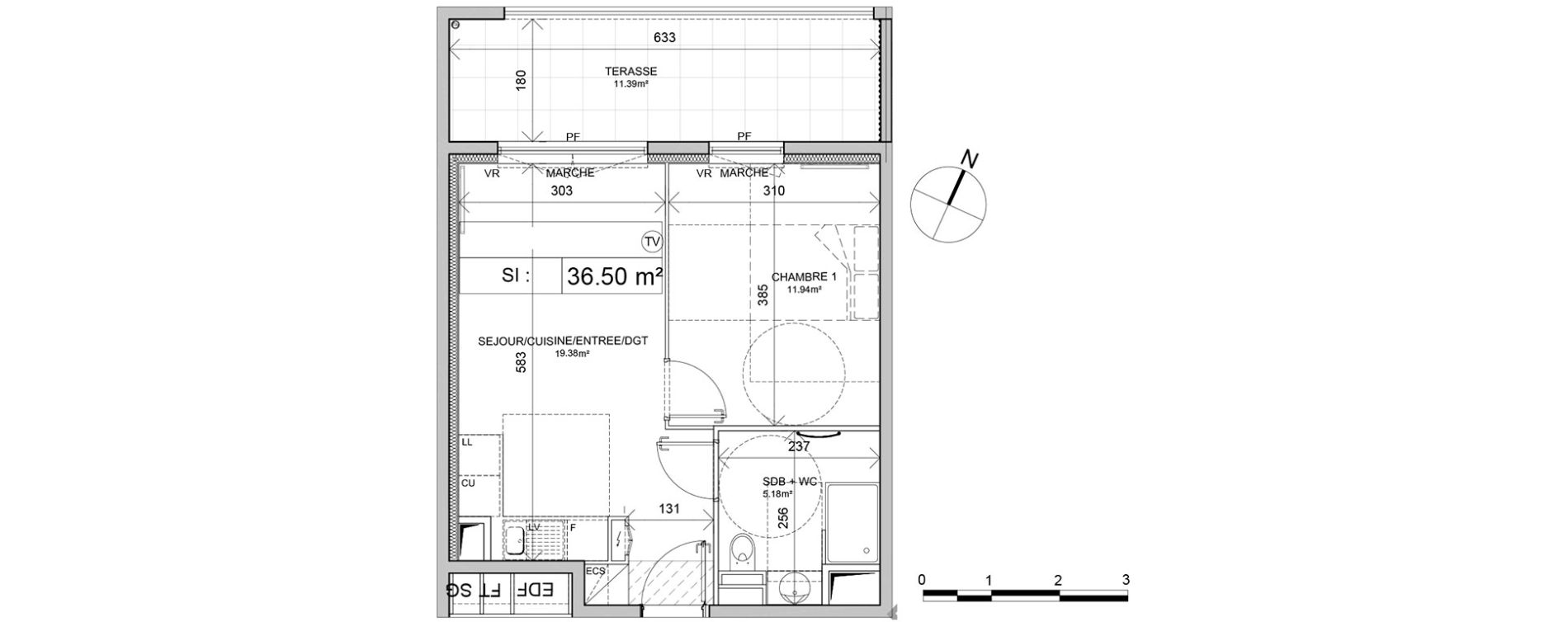 Appartement T2 de 36,50 m2 &agrave; Montpellier Port marianne