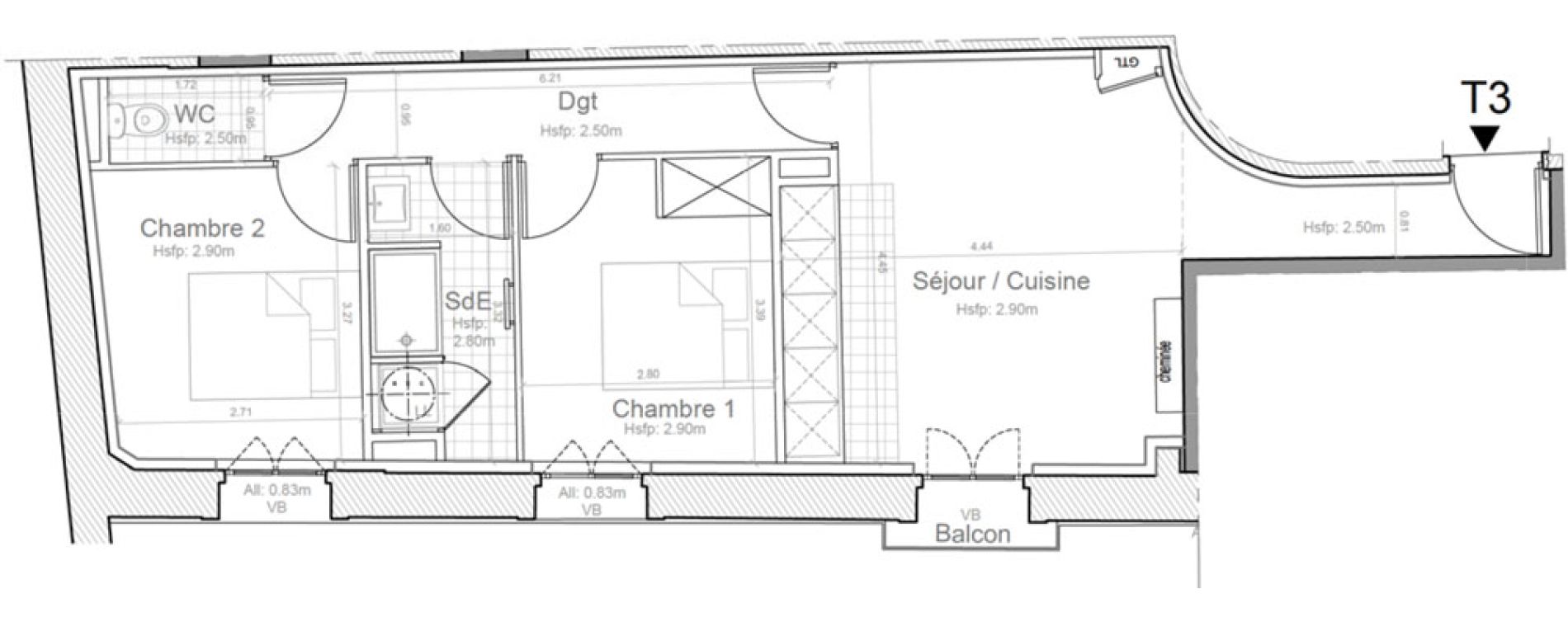 Appartement T3 de 52,40 m2 &agrave; Montpellier Gambetta