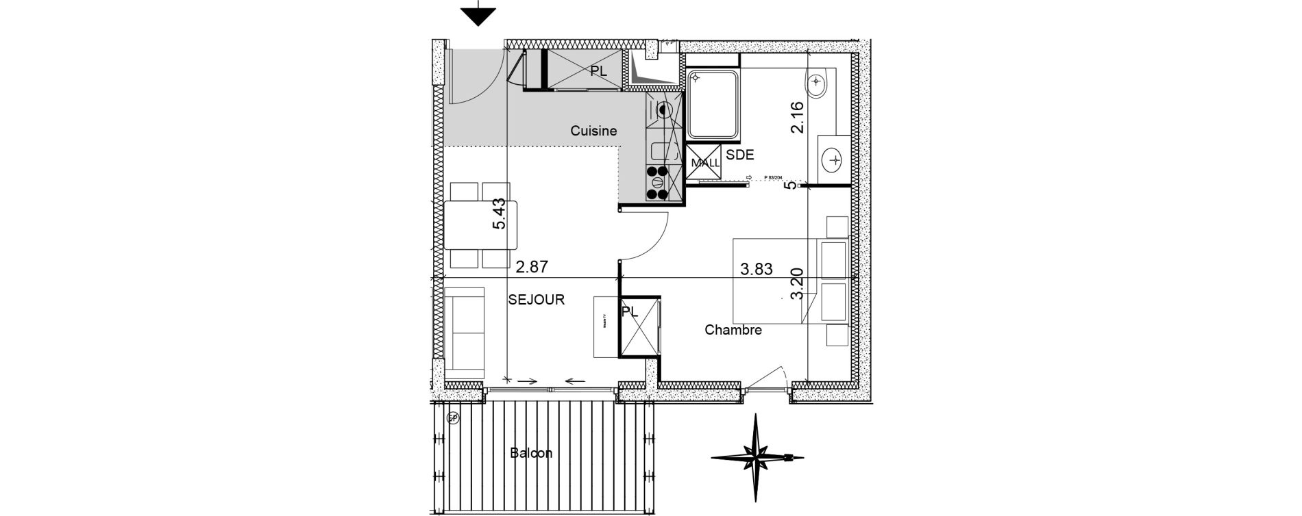 Appartement T2 de 34,96 m2 &agrave; Montpellier Figuerolles