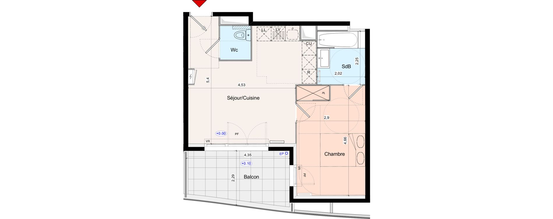 Appartement T2 de 42,51 m2 &agrave; Montpellier Port marianne