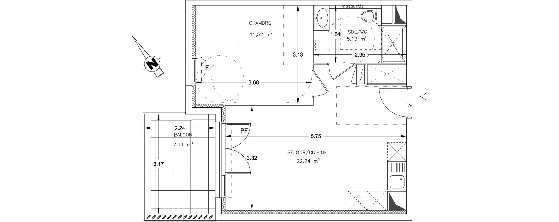 Appartement T2 de 38,89 m2 &agrave; Montpellier Lemasson