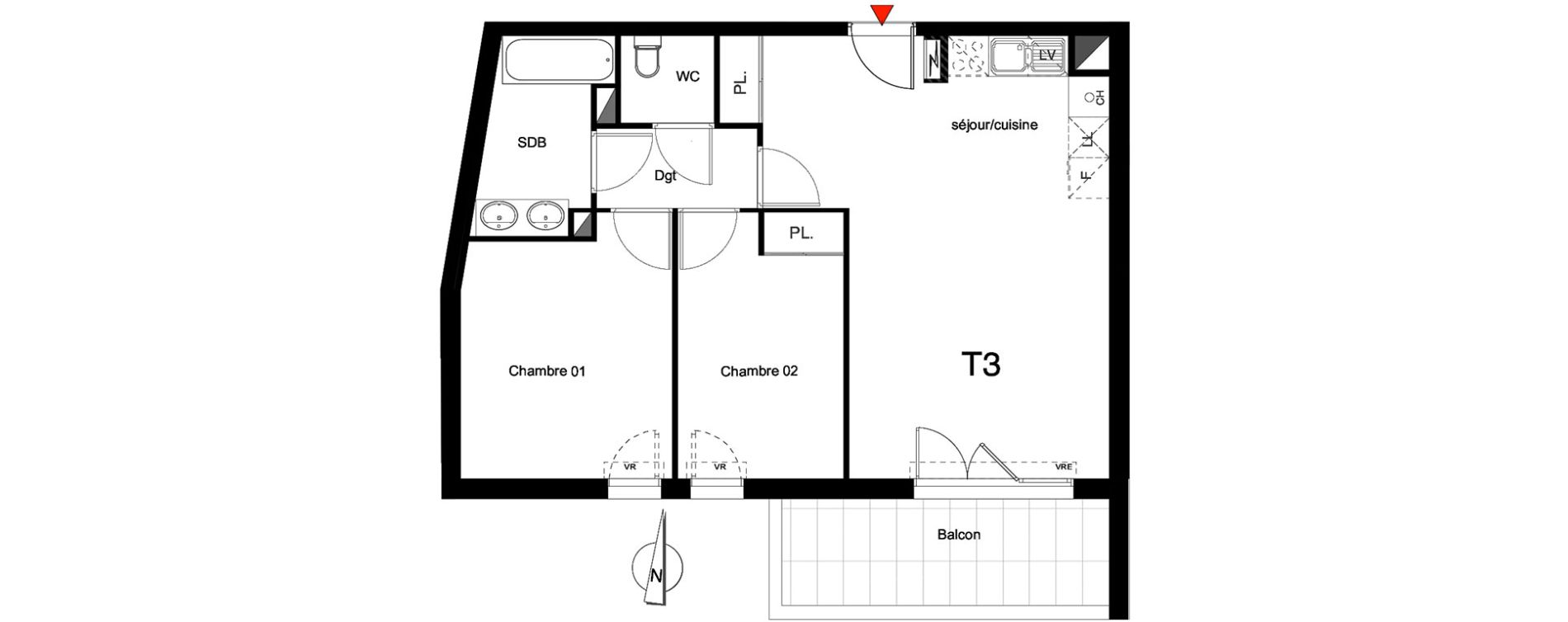 Appartement T3 de 61,00 m2 &agrave; Montpellier La pompignane